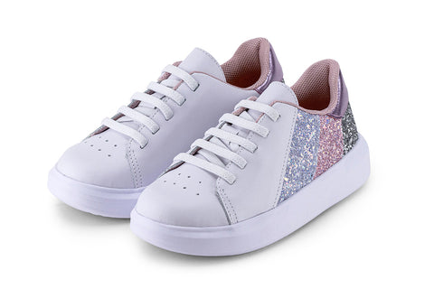 Bibi Glam Leather Sneakers in White with Glitter