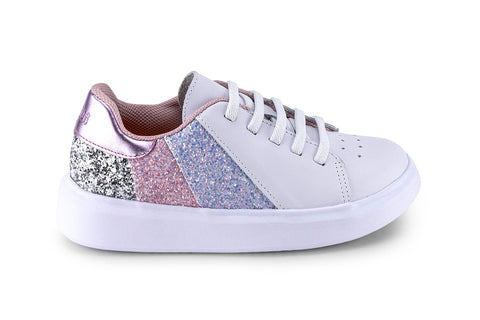 Bibi Glam Leather Sneakers in White with Glitter