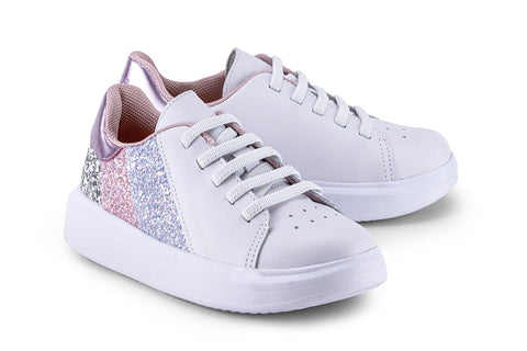 Bibi Glam Leather Sneakers in White with Glitter