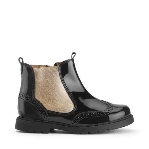 Kids Chelsea Boots – Black Patent with Gold Side Panel