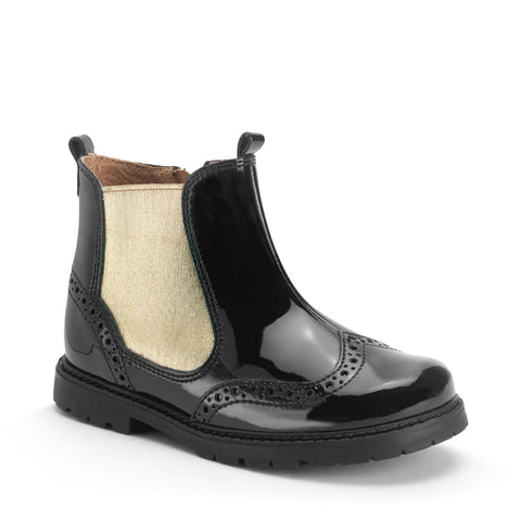 Kids Chelsea Boots – Black Patent with Gold Side Panel