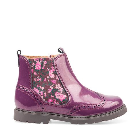 Kids Chelsea Boots – Blackcurrant Patent with Floral Panel