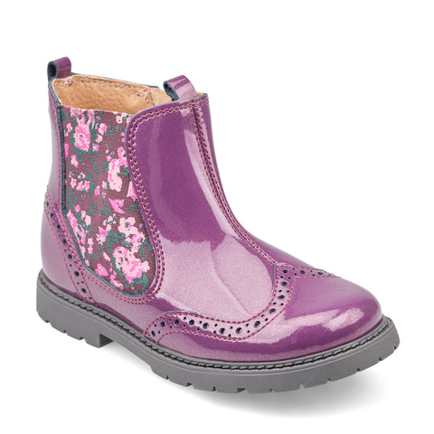 Kids Chelsea Boots – Blackcurrant Patent with Floral Panel