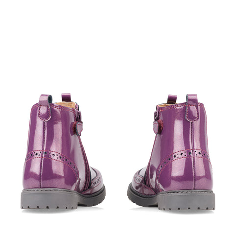 Kids Chelsea Boots – Blackcurrant Patent with Floral Panel