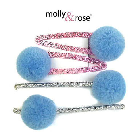 Set - Pom Pom Hair clips and Elastics / 4 pieces
