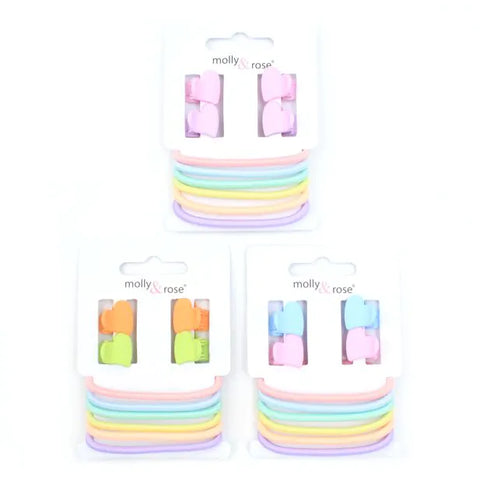 Mini Clamp set / Card of 4 heart clips and 6 elastics