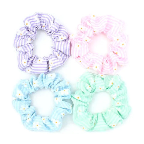 Small - Daisy Print Striped Scrunchie. Dia.8cm