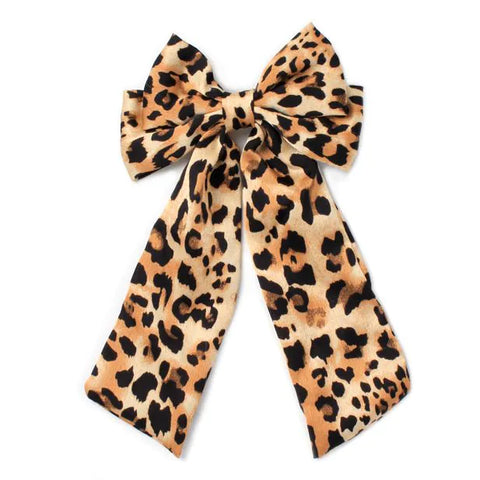 Large Leopard Print Bow Clip With Tails 7.5cm