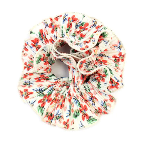Extra Large - Double Layered Flower Print White Ribbed Scrunchie.Dia.14cm