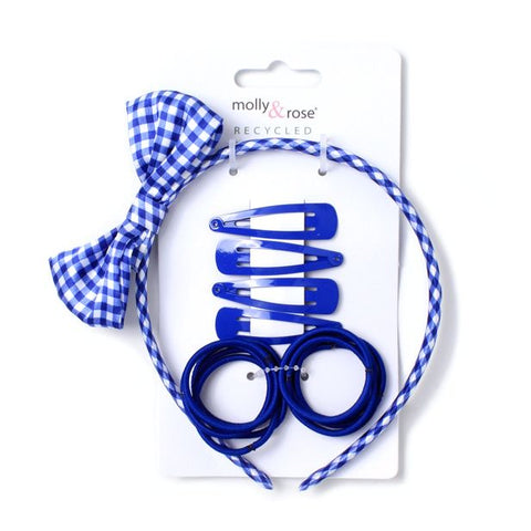 Set / Royal Blue. 4 sleepies,10 elastics and gingham aliceband