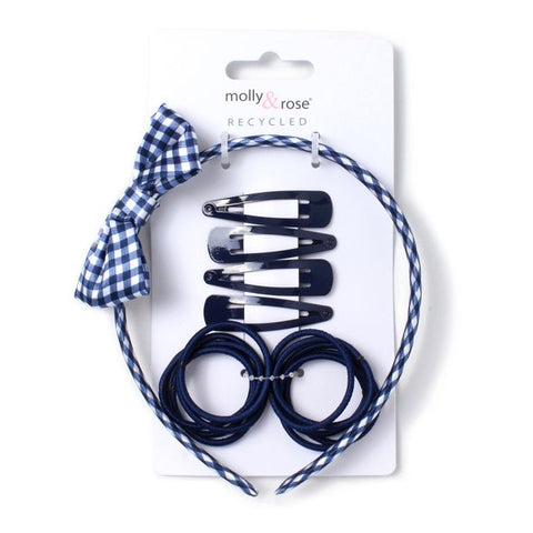 Set / Navy. 4 sleepies,10 elastics and gingham aliceband