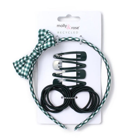 Set / Bottle Green. 4 sleepies,10 elastics and gingham aliceband