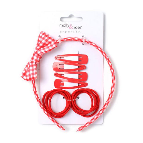 Set / Red. 4 sleepies,10 elastics and gingham aliceband