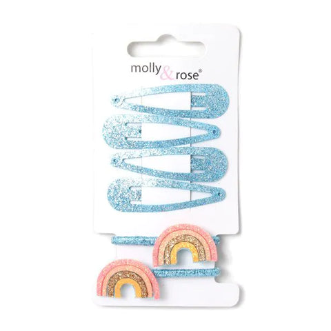 Molly & Rose Card Of 4 Blue Glitter Sleepies And 2 Rainbow Motif Elastics Set