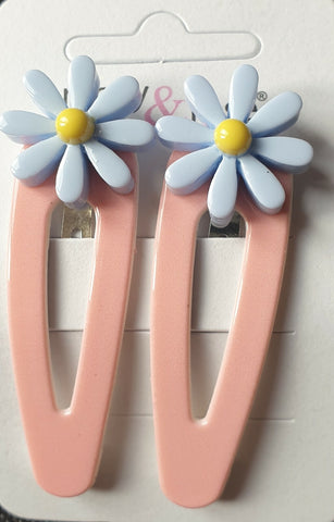 Card of 2 Pastel Blue Daisy Flower 5cm Sleepies Girls Hair Clips Easter